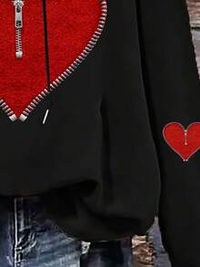 EMERY ROSE 休闲简约心形印花抽绳连帽衫，宽松厚款女式运动衫，秋冬女式连帽衫，黑色连帽衫，女式心形连帽衫，女式连帽衫，女式拉链连帽衫，秋季