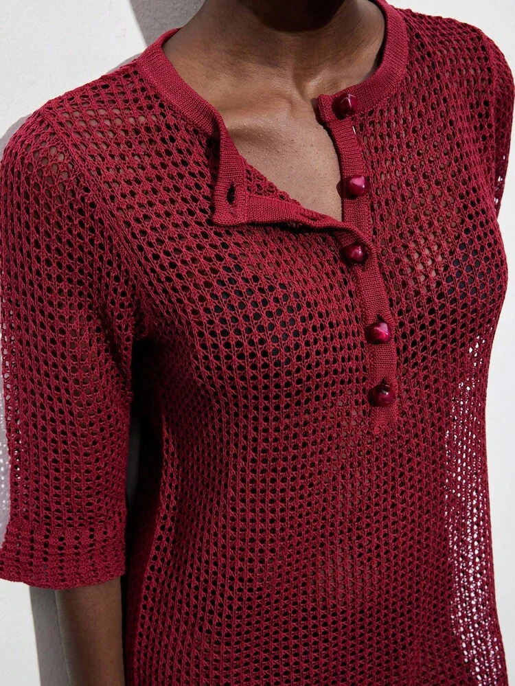 SHEIN Maija Vestido de suéter de manga larga 3/4 con cuello redondo, holgado y de tejido texturizado semitransparente para mujer. Diseño versátil para uso casual, bohemio y en festivales de música country, con puños fruncidos.