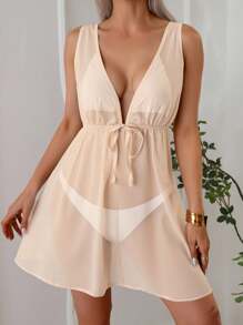 Swim Lushoire Quần áo mùa hè cho phụ nữ váy ngủ babydoll màu trắng thanh lịch lãng mạn rộng rãi bãi biển kỳ nghỉ hè - Màu be - Xem 4