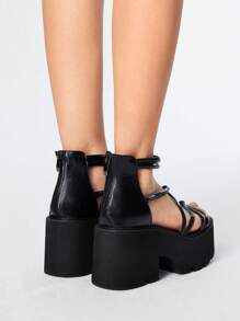 Sugerpunk 女式黑色复古罗马坡跟凉鞋，哥特式交叉踝带厚底粗跟鞋 - 黑色 - 查看 5