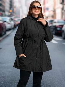 SHEIN Clasi معطف مبطن للنساء كبيرات الحجم، معطف مبطن أنيق باللون الأسود مع بطانة، معطف مبطن مزود بقلنسوة، معطف مبطن مخصر مع جيوب، ملابس شتوية للنساء، جاكيت شتوي للنساء، ملابس شتوية للنساء، إطلالات شتوية للنساء