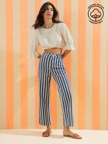 WESTFADE High Rise Spring Striped Straight Leg Ankle Length Western Denim Jeans Summer Beach Vacation - Blue and White - View 1