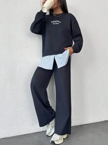 EURMUSE Cotton Fashionable Patchwork Sweatshirt & Sweatpants Set - Navy Blue - View 5