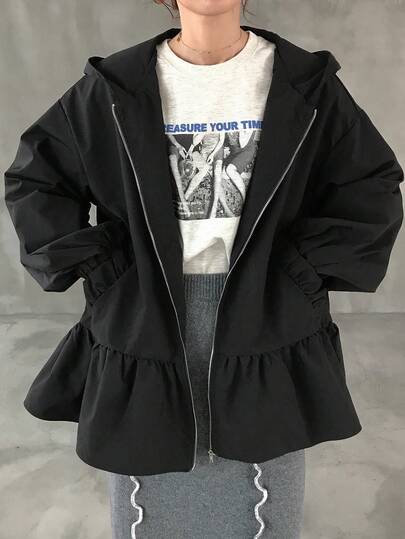 FRIFUL Women's Loose Fit Hooded Jacket With Metal Zipper Decor, Ruffle Hem, Solid Color Jacket Y2k Ruffle Jacket Black Jacket Oversized Jacket