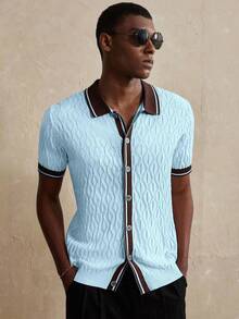 Manfinity Homme 男士条纹短袖单排扣休闲针织上衣 - 淺藍色 - 查看 6