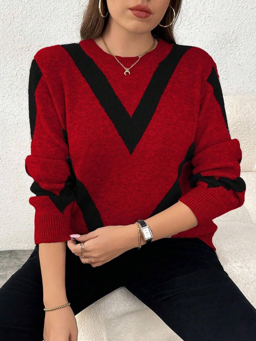 Elenzga Femmes grande taille, pull tricoté jacquard à col rond, manches longues, style décontracté et amincissant. Automne/Hiver - Rouge - Voir 1