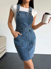 EURMUSE WOMEN MINI SALOPET DRESS BLUE WASH CASUAL Western Dresses For Women Woman Easter Dress - Medium Wash - View 5