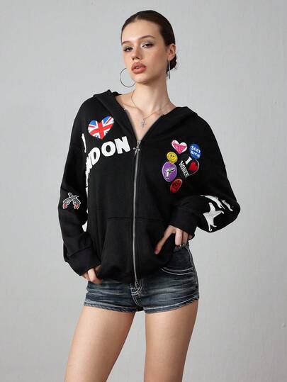 ROMWE Avant Sweat-shirt à capuche ample avec imprimé de drapeau américain, style streetwear décontracté Y2K pour femmes