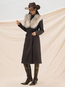 Easelle Fur Collar Camel Women's Long Sleeve Long Fashionable Woolen Coat Autumn Winter Clothes For Women - Coffee Brown - View 9