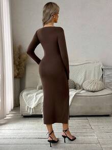 SHEIN 孕妇装 V 领长袖侧开衩下摆修身优雅针织连衣裙，秋季