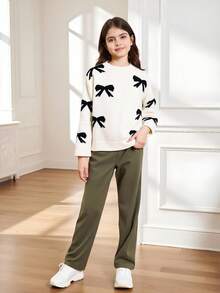 SHEIN 少女芭蕾风格蝴蝶结针织毛衣，甜美酷炫黑色蝴蝶结针织套头衫，宽松圆领超大毛衣