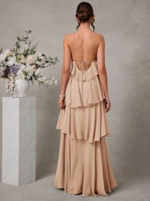 L'Amorae 优雅浪漫婚礼宾客纯色露背分层雪纺长裙 - 卡其色 - 查看 3