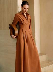 Aveloria Women's Half-Open Shirt Collar, Waist Pleated Design, Daily Workplace Commuting Casual Dress Toffee Color Shirt Dress Teacher Outfits For Women Business Casual Woman Office Outfits For Women Work Outfits For Women Work Dresses For Women Fall Women Clothes Fall Outfits Women Fall Autumn Clothes Maillard Style