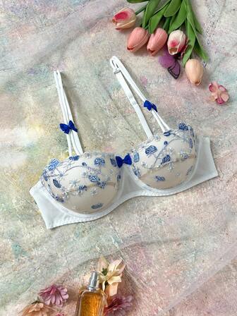 FloralLove Romantic, Fresh, Gentle, Sweet Embroidered Floral Balconette 1/2 Cup Underwire Bra With Adjustable Straps And Bow Accent, Navy Blue Women Bra Set Embroidered Bra Set