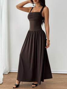 SHEIN PETITE 女式优雅纯色棕色咖啡色方领喇叭连衣裙，春夏 - 棕色 - 查看 6