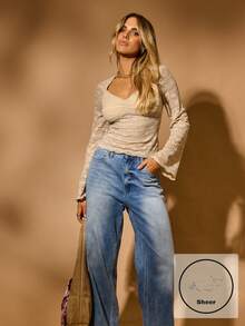 Aralina Fall Winter Western Boho Full Lace Bell Sleeve Ruched Front Cute Going Out Country Concert - Apricot - View 1