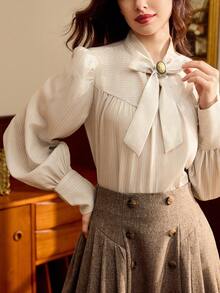 Vintamour 复古优雅女士条纹蝴蝶结衬衫休闲度假长袖上衣秋季女装冬季女装商务休闲女装办公室女装工作女装西式女装秋季女装工作服秋季女装圣诞节教师衬衫秋季上衣教堂女装长袖衬衫早午餐女装节日女装机场女装优雅女式衬衫学校 - 杏色 - 查看 5