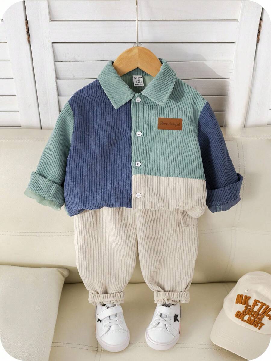 SHEIN 2pcs Baby Boy Corduroy Patchwork Jacket & Elastic Waist Pants Set, Autumn/Winter Fall - Multicolor - View 1
