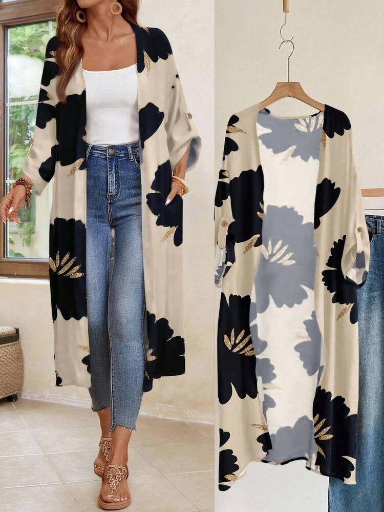 EMERY ROSE Casaco Kimono de Manga Semitransparente Branco com Estampa Floral Ousada e Comprimento Midi para Mulheres no Outono/Inverno, Casual - Branco - Visão 1