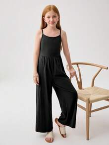 SHEIN 青少年女孩纯色休闲褶皱宽腿宽松连体裤 - 黑色 - 查看 1