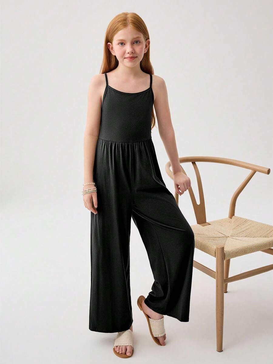 SHEIN 青少年女孩纯色休闲褶皱宽腿宽松连体裤 - 黑色 - 查看 1