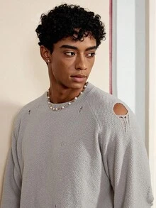 SWAVVY 男士休闲灰色做旧长袖毛衣，秋冬 - 淺灰色 - 查看 3