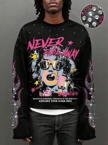 ROMWE MEN Street Life Men's Fashion Figure & Slogan Print Rhinestone T-Shirt, 2000s Style - Black - View 3