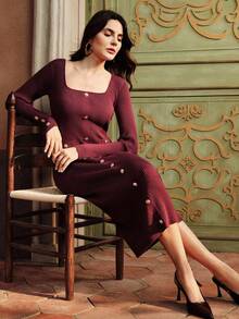 Anewsta Vestido de suéter de cuello alto ajustado elegante de punto burdeos para mujer, vestido brillante, vestido burdeos, vestido de fiesta elegante, ropa de mujer para Navidad