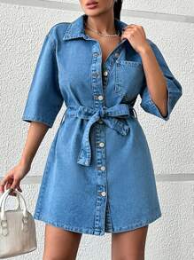 EURMUSE Denim Dress Medium Wash - Medium Wash - View 4