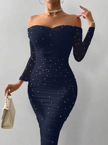 Firerie Elegantes weißes Damen Maxikleid mit Off-Shoulder Ausschnitt, Perlendekor, Rüschen, figurbetonter Passform, romantisch für Partys und Dates, Valentinstag - marineblau - Übersicht 1