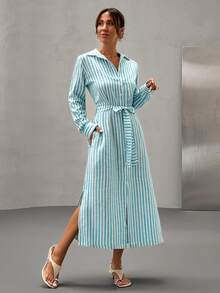 EURMUSE Baby Blue&White Color, Long Sleeve, Belted, Shirt Dress - Multicolor - View 3