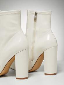 SHUZIA Women's Glamorous Sexy Pointy Toe Side Zip Chunky Heel Sock Booties - Beige - View 5