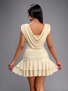 SOLERSUN Women's Spring Summer Solid Color Casual Elegant Party Daytime Simple Basic Model New Draped V-Neck Short-Sleeved Slim Knitted Gathered Double Ruffle Mini Dress - Apricot - View 2