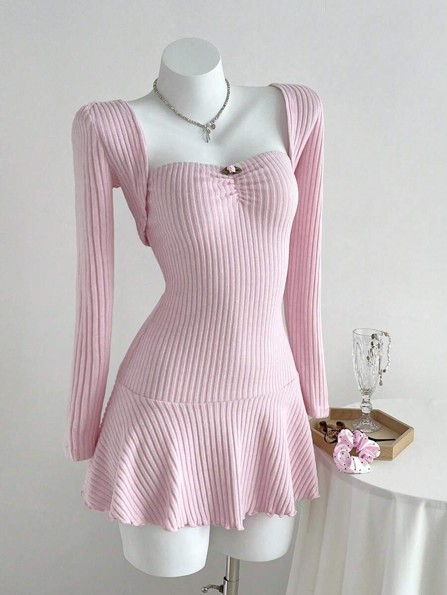 2pcs Women's Autumn/Winter Fashion Outerwear Soft Brushed Ribbed Fabric Long Sleeve Top And Ruched Waist Mini Dress Set, Suitable For Outing And Party Fall Cloth For Women - Pink - View 1