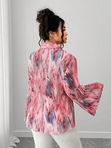 Elenzga Plus Size Women's Tie-Dye Drop Shoulder Long Sleeve Single-Breasted Loose Fashion Shirt