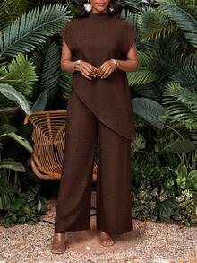 SHEIN Lady 女式纯色简约短袖上衣和裤子两件套 - 棕色 - 查看 5