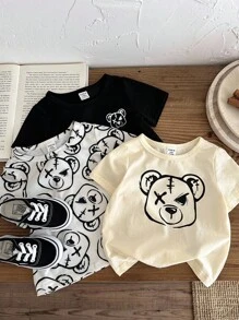 SHEIN 男嬰女嬰韓風小熊印花寬鬆短袖針織T恤套裝，三件套三種顏色，圓領設計