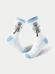 Rick and Morty X SHEIN 1 par de calcetines de media pantorrilla para mujer con diseño de personaje de dibujos animados y letras en colores contrastantes - Blanco - Ver 4
