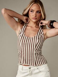 MISSGUIDED Vintage inspirierter Neckholder-Crop-Top aus braunem gestreiftem Denim mit vertikalen Streifen, klassisches Sommer-Festival-Strandtank-Oberteil mit figurbetontem ärmellosen Design