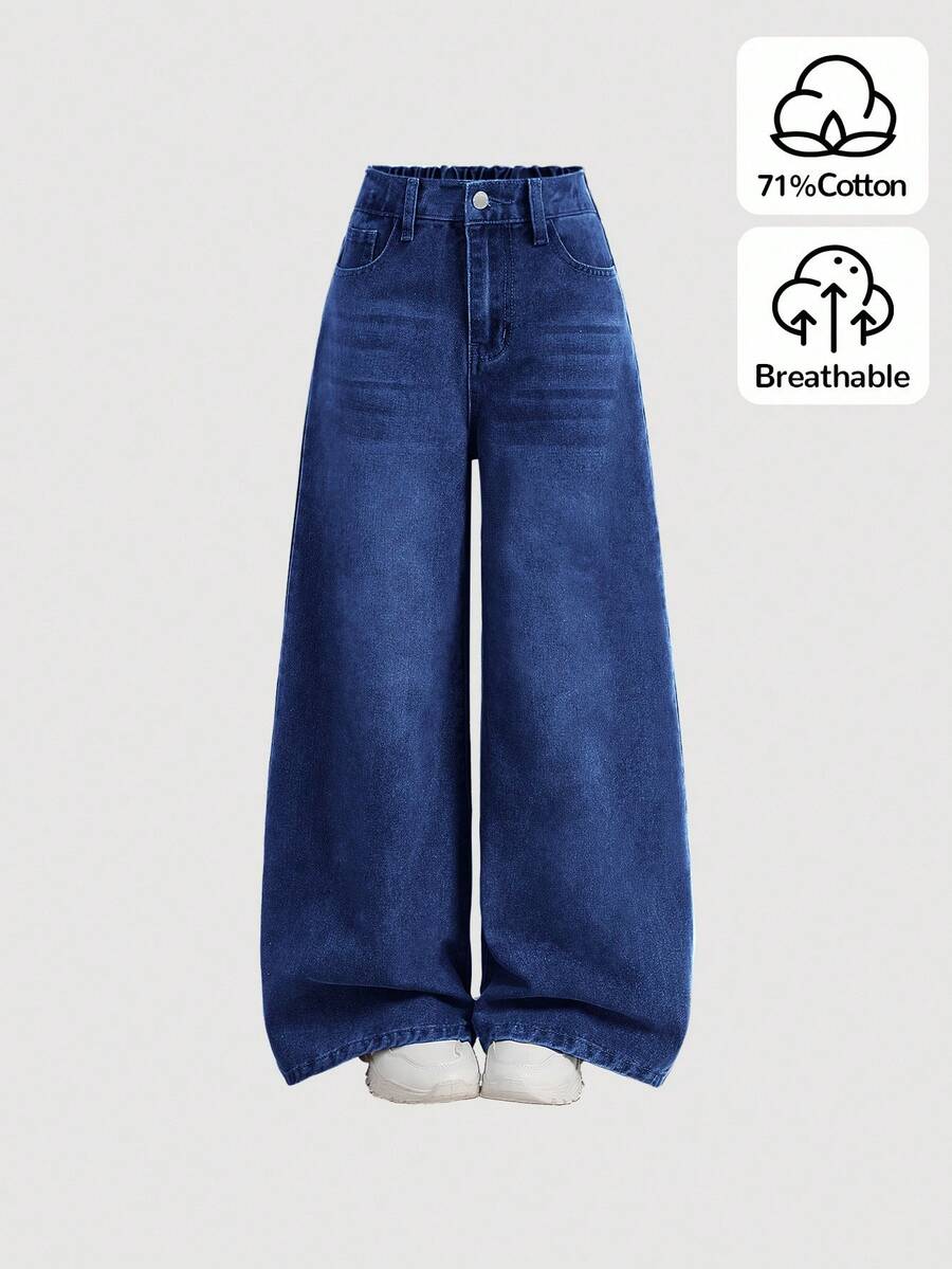 SHEIN Girlism 少女Y2K复古宽松阔腿牛仔裤，原宿风韩流街头服饰，灰色复古2000年代风格，冬季返校季，Y2K牛仔裤，超大牛仔裤，秋季阔腿牛仔裤 - 深色水洗藍 - 查看 1