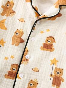 SHEIN 2pcs/Set Toddler Boys/Girls 100% Cotton Cute Bear Pattern Long Sleeve Shirt And Pants Loose Fit Pajamas, Classic Comfortable Casual Basic Homewear Suitable For Spring, Autumn, Winter, Halloween, Christmas, New Year - White - View 4