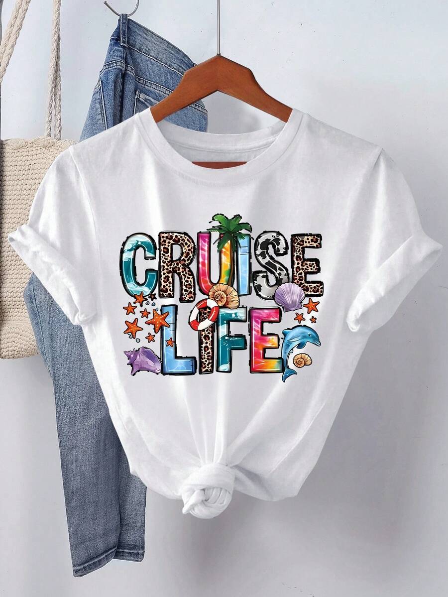 CRUISE LIFE" Summer Vibe Letter Print T-Shirt, Hello Summer, Women's Round Neck Vacation Tee - White - View 1