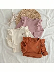 Loomiva 3 قطع ملابس علوية طويلة الأكمام للأطفال البنات مطرزة بحرف، نمط ، وشمس، قطن ناعم مناسب للخريف/الشتاء، للداخل والخارج - متعدد الألوان - مشاهدة 6