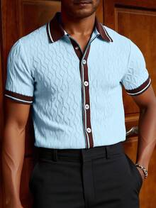 Manfinity Homme 男士条纹短袖单排扣休闲针织上衣 - 淺藍色 - 查看 3