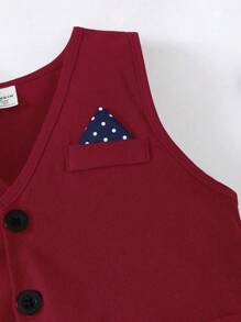 SHEIN 3 件套年轻男孩绅士正装，包括背心、领结和裤子，适合婚礼、婚礼宾客、花童、戒童，秋冬 - 酒紅色 - 查看 6