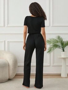 EURMUSE Women 2 Pcs Button Front Detail Crop Short Sleeve Shirt And Fake Drawstring Detail Lounge Bottom Homewear Set - Black - View 2
