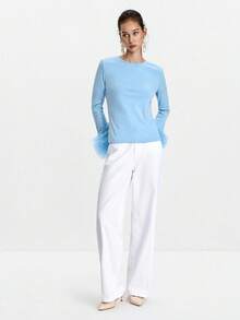 Lumivelle Camiseta corta de mujer para primavera/otoño/invierno, de punto elástico, con puños de malla bordada, de unicolor, ajustada, de cuello redondo, de manga larga, con espalda descubierta, puños exagerados, volantes en los puños, adecuada para banquetes, fiestas de noche, elegante, sexy, romántica, minimalista, casual