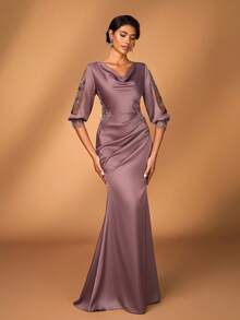 Serin Váy đuôi cá bằng vải satin nhún bèo cổ lọng thêu ren sang trọng thanh lịch, thích hợp cho đám cưới, tiệc tùng, kỳ nghỉ, dạ hội, váy dạ hội, mẹ cô dâu - Cà phê nâu - Xem 5