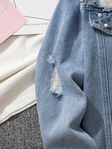 青少年女孩 Y2K 风格牛仔夹克和外套，秋冬新品，浅蓝色水洗做旧撕破串珠正面修身休闲牛仔夹克，适合青少年女孩