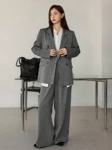 Dazy-Less 女士商务休闲条纹宽松西装外套搭配直筒裤，适合秋冬季办公室通勤穿着